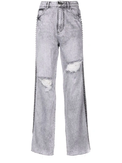 Philipp Plein Crystal Ripped Straight Jeans In Grey