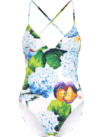 Dolce & Gabbana Floral-print Crossover Strap Swimsuit In Multicolour