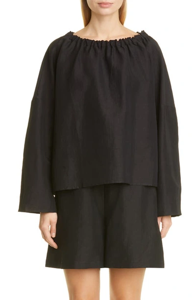 Totême Elastic Neck Stretch Linen Blend Blouse In Black