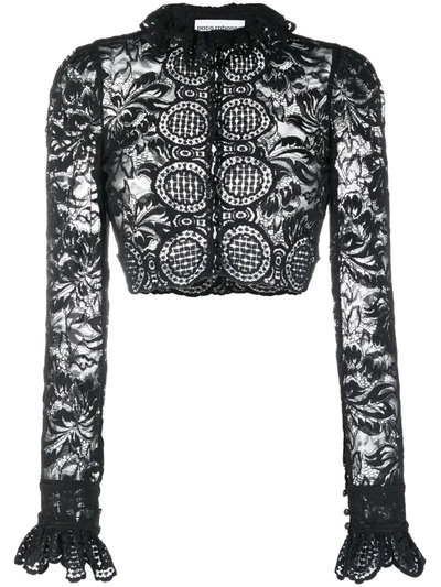Paco Rabanne Floral Stretch Lace Crop Top With Long Sleeves In Black