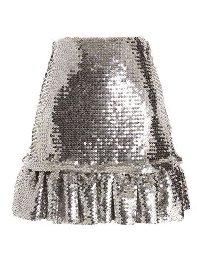 Rabanne Woman Mini Skirt In Silver Sequined Fabric With Ruches