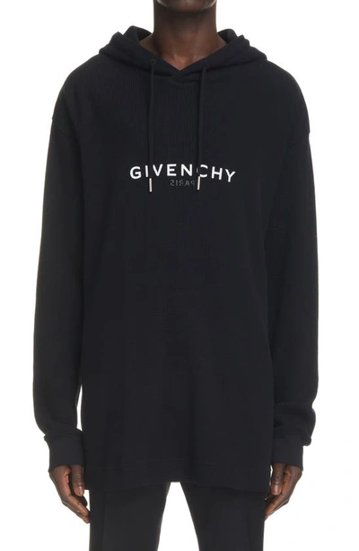Givenchy Logo Oversize Waffle Knit Hoodie In Black