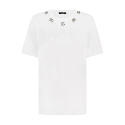 Dolce & Gabbana Jersey T-shirt With Crystal Dg Embellishment In White