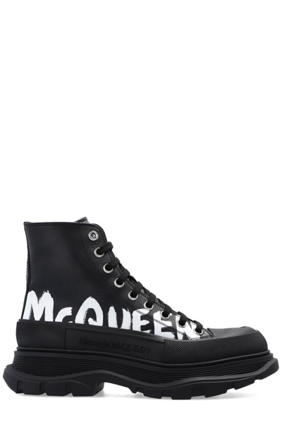 Alexander Mcqueen Tread Slick Graffiti-logo High-top Canvas Boots In Black