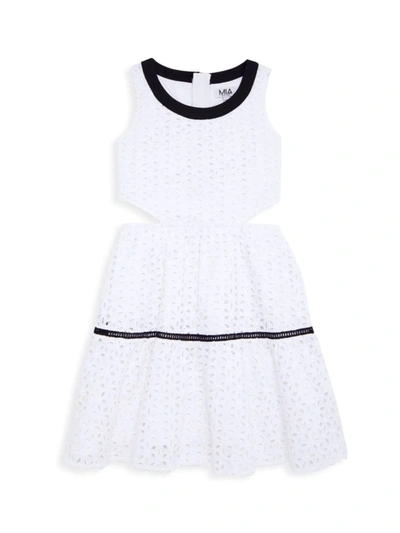 Mia Kids' Girl's Contrast-trim Eyelet Dress In White