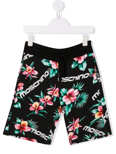 Moschino Kids' Floral-print Logo Track Shorts In Black Ibiscus