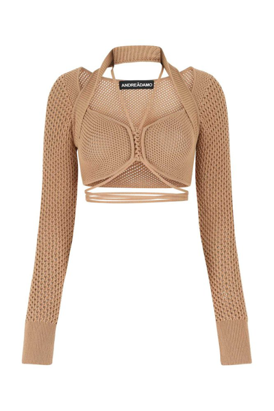 Andrea Adamo Biscuit Stretch Mesh Top Camel  Donna Xs