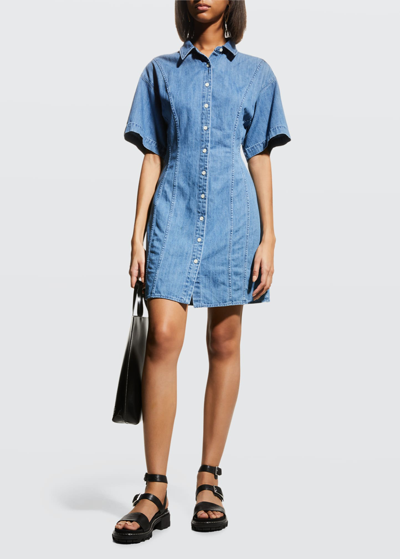 Frame Womens Shoreline Wash Short-sleeve Spread-collar Denim Mini Dress M In Blue
