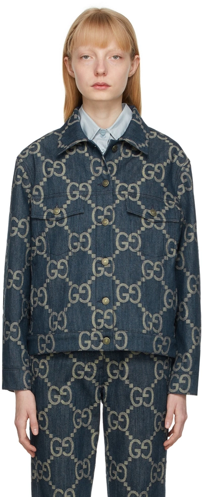 Gucci Jumbo Gg Oversized Denim Jacket In Синий,айвори
