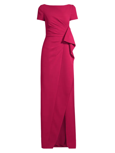 Kay Unger Pleated Short-sleeve Crepe Gown W/ Drape In Sangria