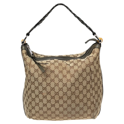 Pre-owned Gucci Beige/olive Green Gg Canvas And Leather Bamboo Bar Hobo