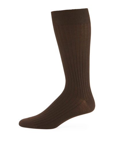 Neiman Marcus Ribbed Merino-silk Mid-calf Socks In Brown