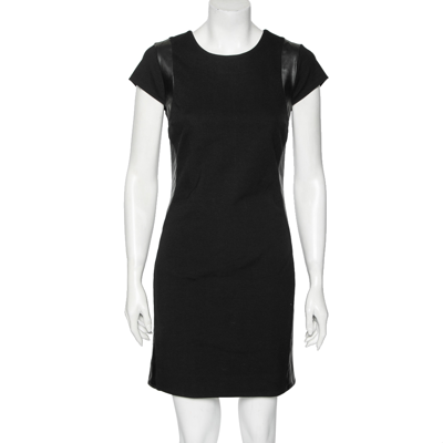 Pre-owned Diane Von Furstenberg Black Knit Pele Leather Short Sleeve Dress M