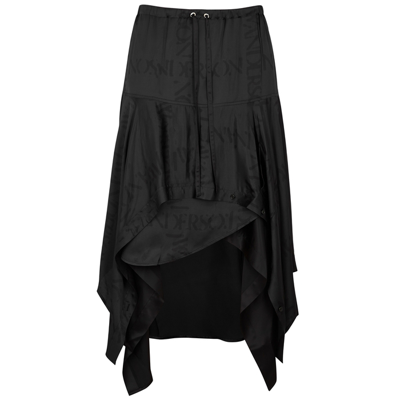 Jw Anderson Layered Asymmetric Satin Logo-grid Midi-skirt In Black
