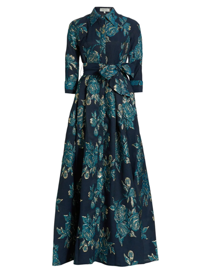 Teri Jon By Rickie Freeman Three-quarter Sleeve Metallic Jacquard Shirt Waist Gown In Navy Multi