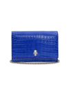 Alexander Mcqueen Small Skull Croc-embossed Leather Bag In Washed Indigo