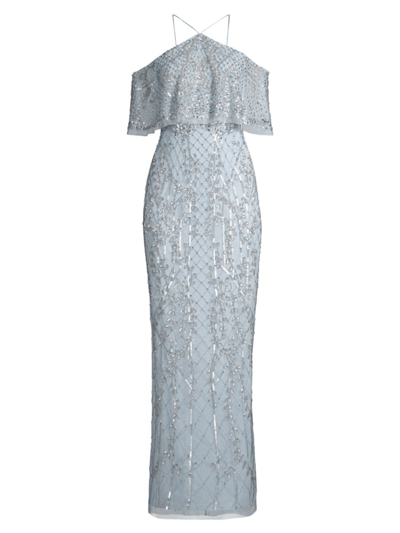 Aidan Mattox Cold-shoulder Beaded Halter Gown In Clearwater ModeSens