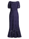 Kay Unger Zoey Puff-sleeve Lace Dress In Deep Navy