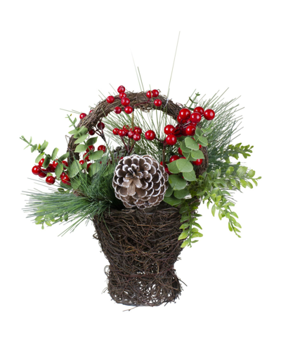Northlight 15" Eucalyptus Pine And Berry Artificial Christmas Grapevine Basket In Brown
