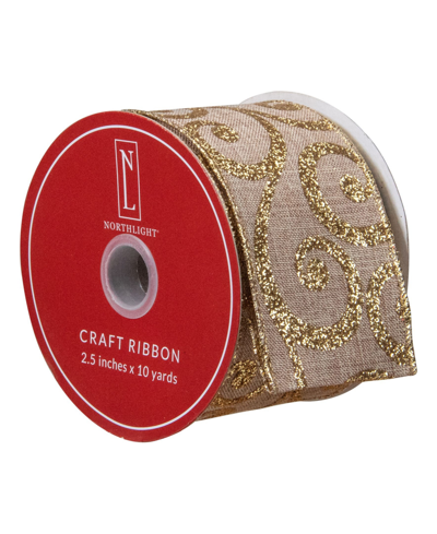 Northlight Burlap And Scroll Christmas Wired Craft Ribbon, 2.5" X 10 Yards In Brown