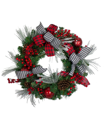 Northlight 24" Plaid And Hounds Tooth And Berries Unlit Artificial Christmas Wreath In Red