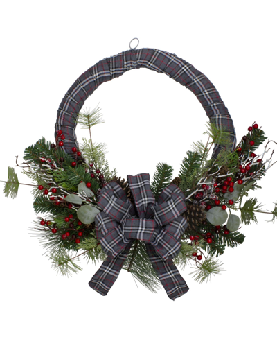 Northlight 24" Plaid Artificial Christmas Wreath With Berries In Green