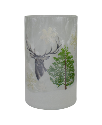 Northlight 10" Deer Pine And Snowflakes Hand Painted Flameless Glass Christmas Candle Holder In Gray