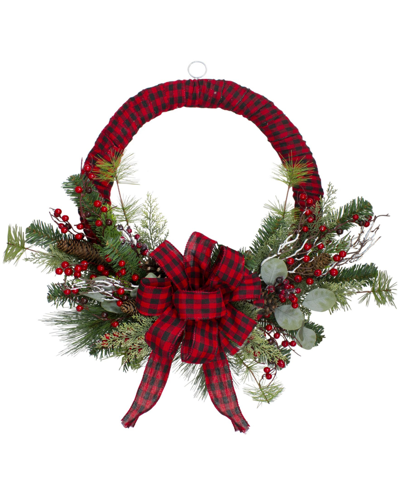 Northlight 24" Buffalo Plaid And Berry Unlit Artificial Christmas Wreath In Red