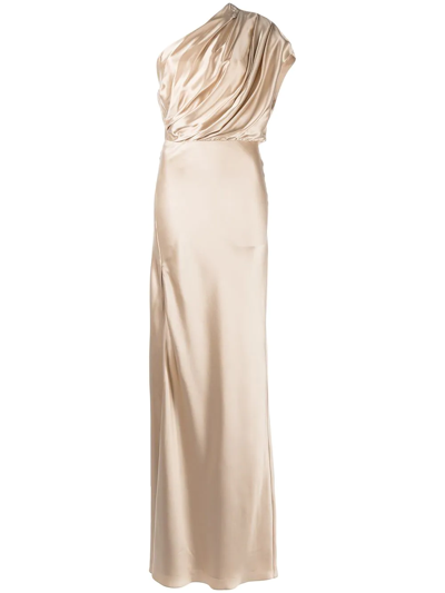Michelle Mason Asymmetric Open Back Gown In Braun