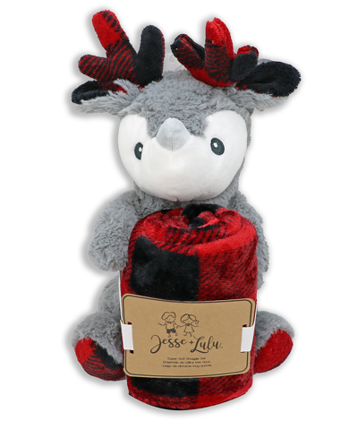 Jesse & Lulu Baby Boys And Girls Check Blanket With Reindeer Plush Toy, 2 Piece Set In Red And Black