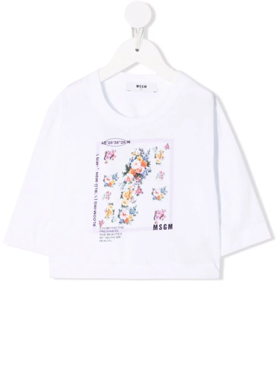 Msgm Kids' Floral-print Cotton T-shirt In White