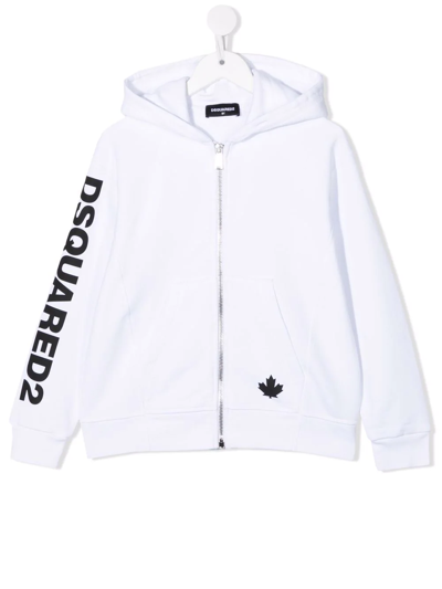 Dsquared2 Kids' Logo-print Zip-front Hoodie In White
