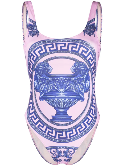 Versace Greek Key-print Swimsuit In Pink