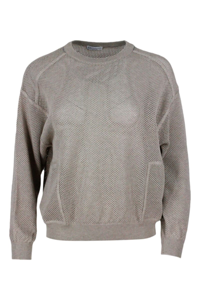 Brunello Cucinelli Sweater With Micro-mesh In Beige