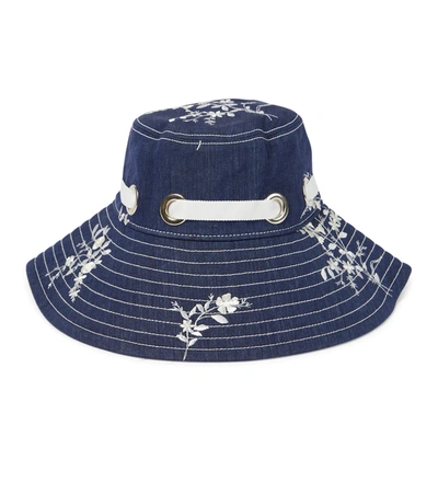 Erdem Grosgrain-trimmed Embroidered Linen-blend Bucket Hat In Navy