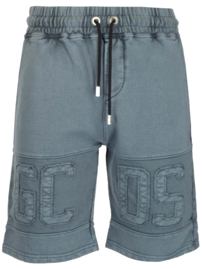 Gcds Man Black Garment Dyed Sports Shorts With Logo In Blue
