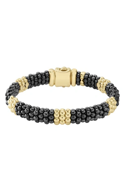 Lagos Gold & Black Caviar Collection 18k Gold & Ceramic Beaded Five Station Bracelet In Black/gold