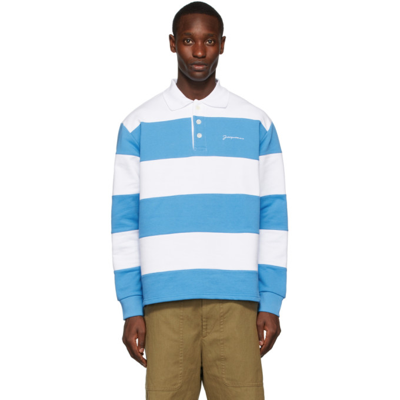 Jacquemus Horizontal-stripe Long-sleeve Polo Shirt In White,light Blue
