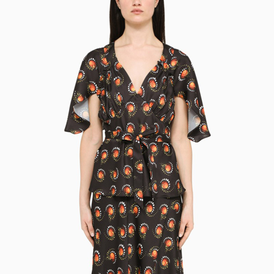 Rabanne Black Long Dress With All Over Graphic Print In Multicolor
