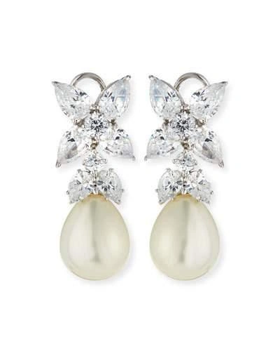 Fantasia By Deserio 10.0 Tcw Flower Top Cz & Simulated Pearly Drop Earrings In Clear