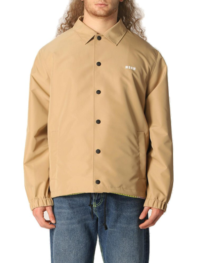 Msgm Jacket In Technical Fabric With Logo In Beige