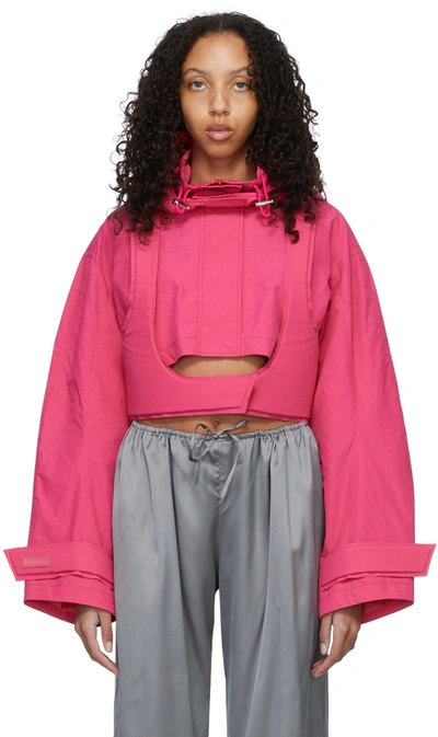 Jacquemus Fresa Cropped Layered Shell Hooded Jacket In Fuchsia