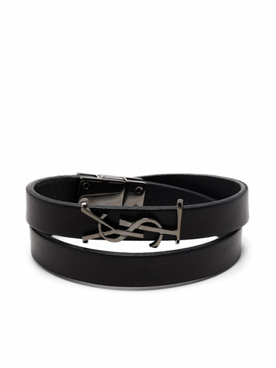 Saint Laurent Leather Bracelet With Ysl Monogram In 1000 Black