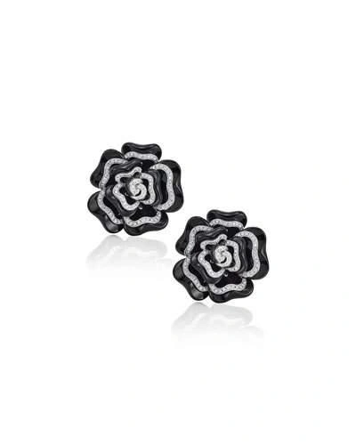 Bessa Black Agate & Diamond Flower Earrings