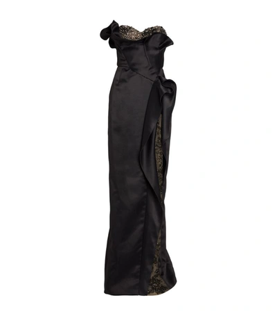 Marchesa Crystal-embellished Floral Strapless Satin Column Gown In Black