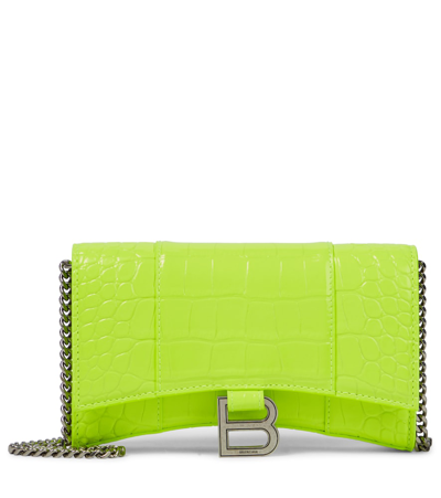 Balenciaga Hourglass Croc Embossed Leather Wallet On A Chain In Fluo Yellow