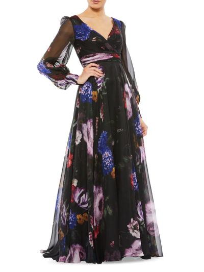 Mac Duggal Floral Long Sleeve Chiffon A-line Gown In Black Multi