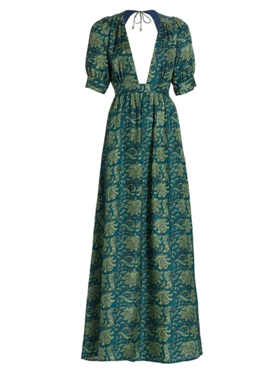 Hannah Artwear Surya Open-back Floral-print Silk-habotai Maxi Dress In Green
