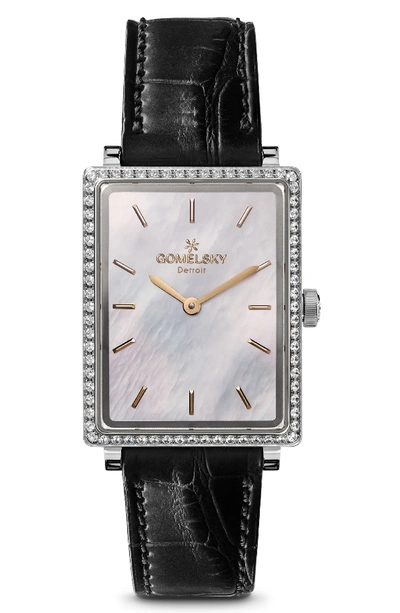 Gomelsky By Shinola The Shirley Mother-of-pearl & Alligator Strap Watch, 25mm X 32mm In Black/ Mop/ Silver