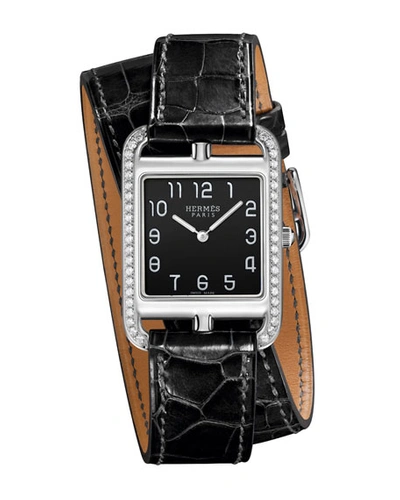Hermes Cape Cod 37mm Diamond, Stainless Steel & Alligator Strap Watch In Black